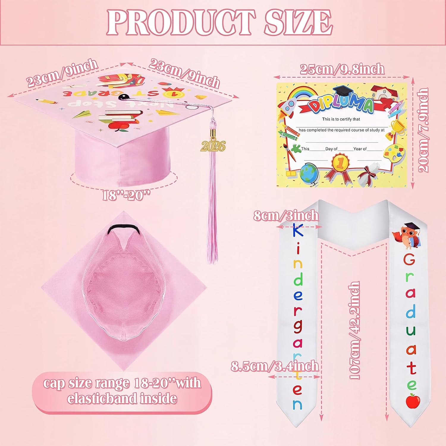 Retisee 7 Pieces 2026 Kindergarten and Preschool Graduation Cap Gown Stole Set with 2026 Tassel Diploma Grade Graduation