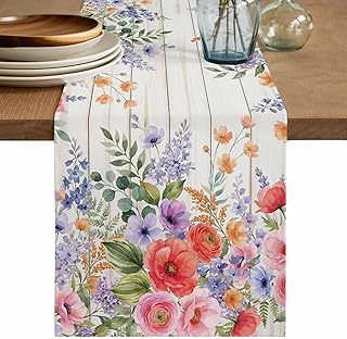 Watercolor Flowers on Farm Wood Table Runner 13x36inches Long,Kitchen Dining Tablerunners Country Floral Table Runners for Indoor/Outdoor Home Holiday Party Decor