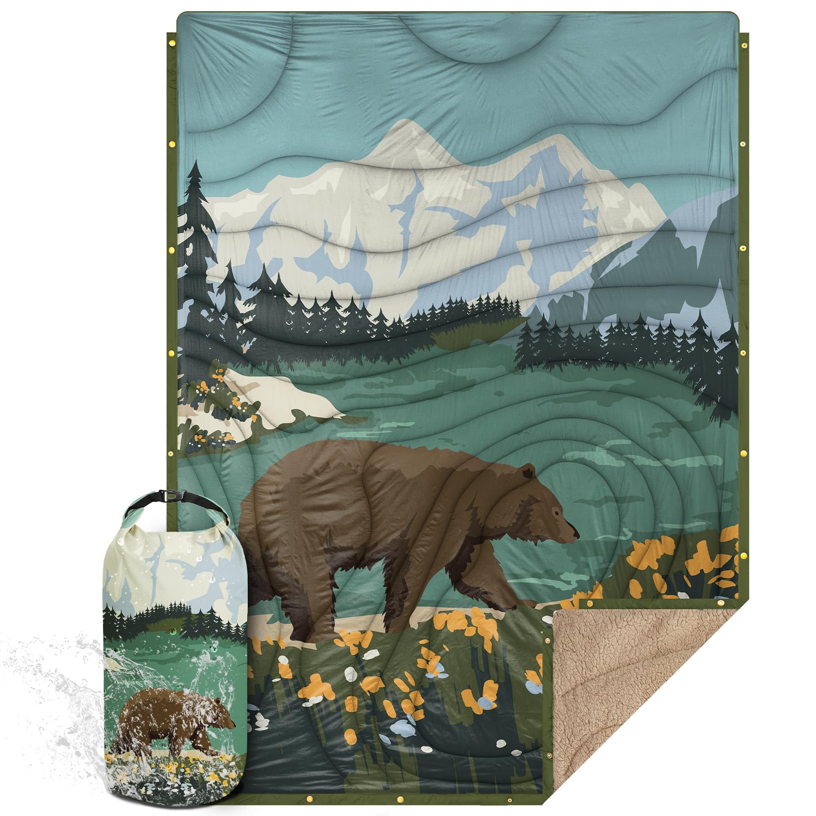 Outdoor Camping Blanket with Sherpa Lining, Extra Warm Thick Camp Blankets and Puffy Ultralight Soft Poncho DWR Camping Quilt for Cold Weather, Adventure, Sleeping, Backpacking 78"x 56"