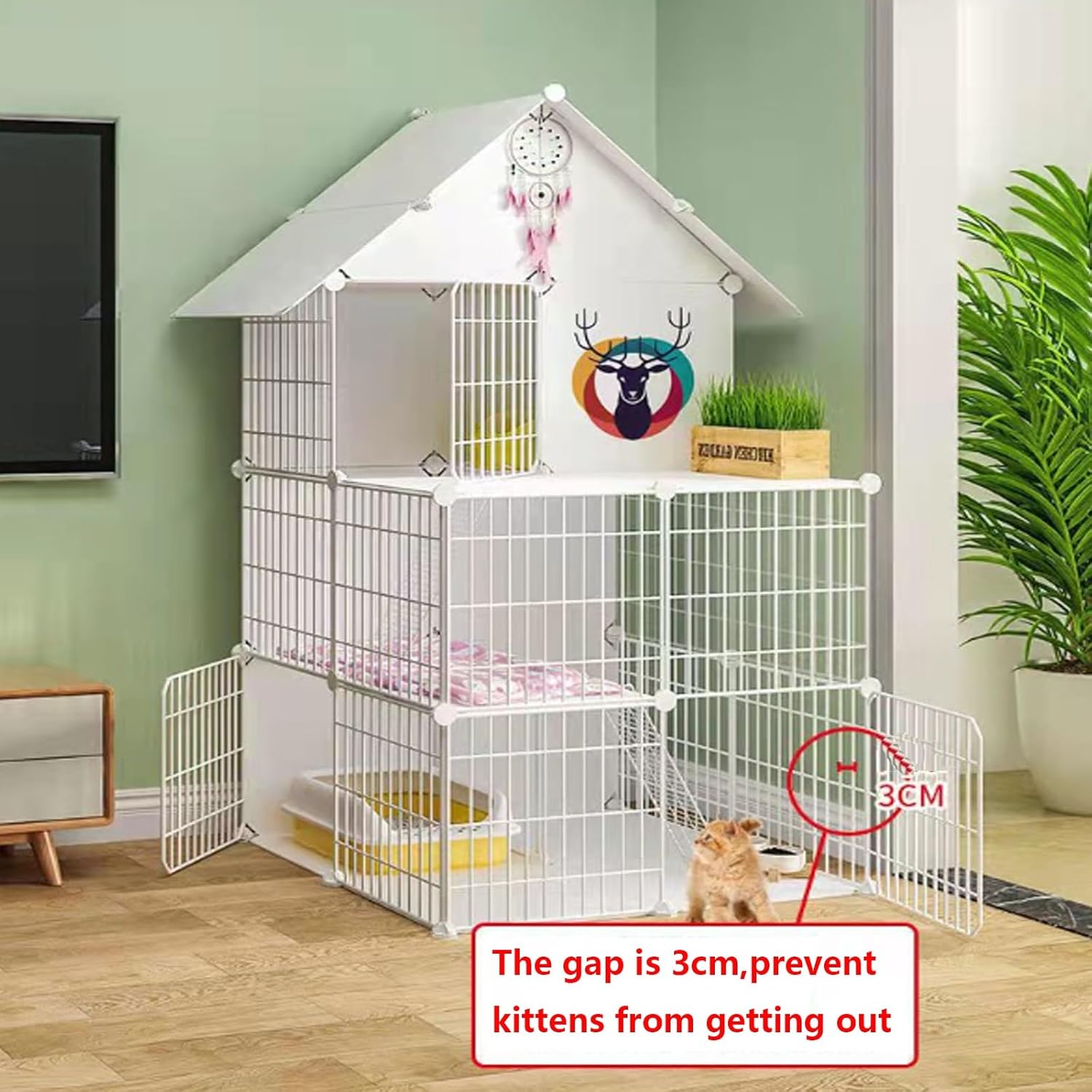 Large Cat Cages Indoor Metal Playpen Detachable Cat Enclosure Large Exercise Place Small Animal House DIY Assembled Cat Crate Portable Cat Villa with Roof (B 75 * 75 * 146Cm)