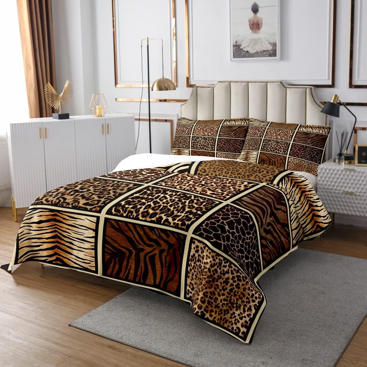 Animals Skin Print Quilt Set for Kids Teens,Tiger Leopard Deer Bedspread,Wild Animals Fur Print Bed Cover Black and Brown Bedding Set Decorative Quilted 2 Pcs Coverlet Set with 1 Pillow Sham,Twin Size