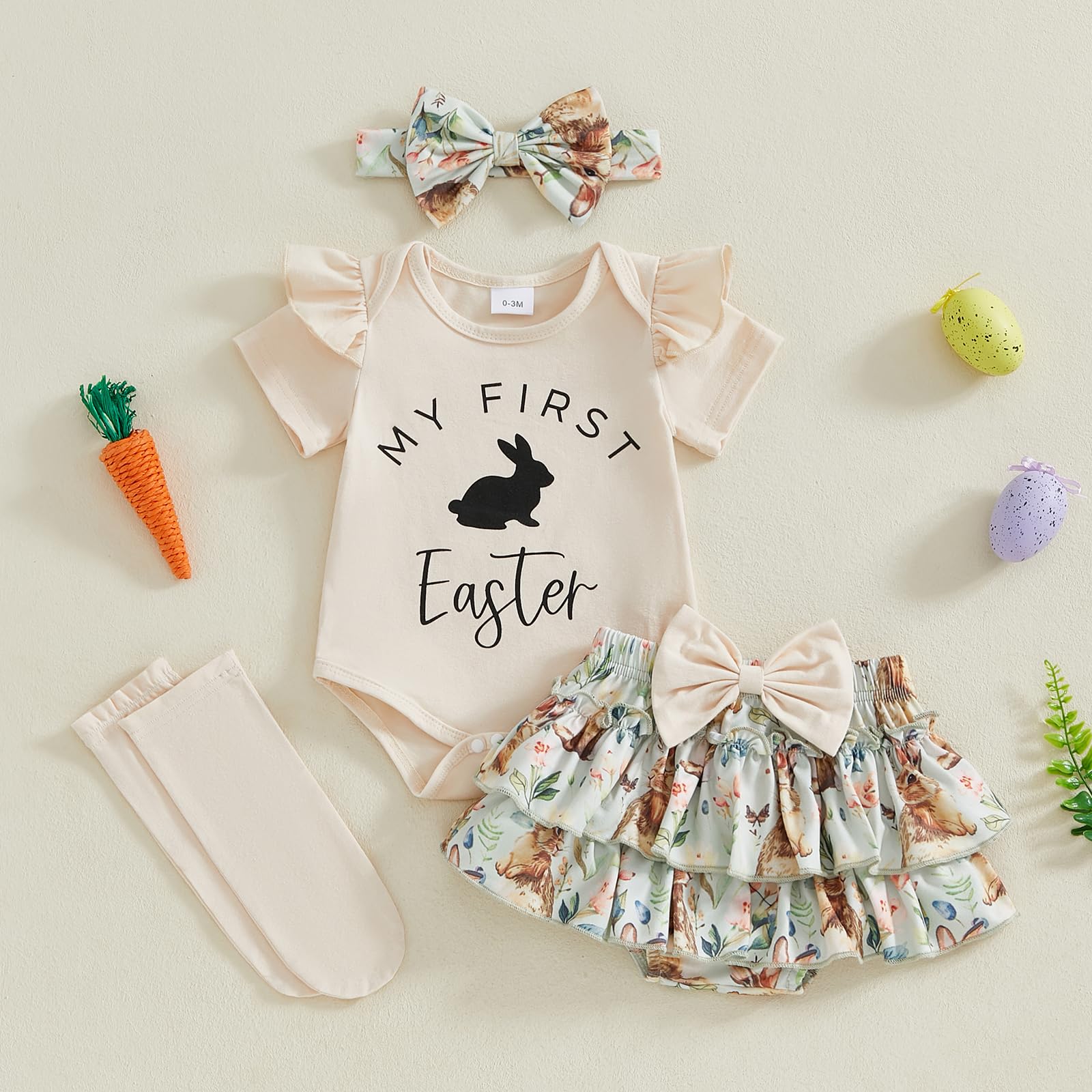 YINGISFITM My First Easter Baby Girl Outfit Short Sleeve Bunny Romper Ruffle Floral Shorts Skirts Sets Newborn Easter Outfits (Beige A, 9-12 Months)