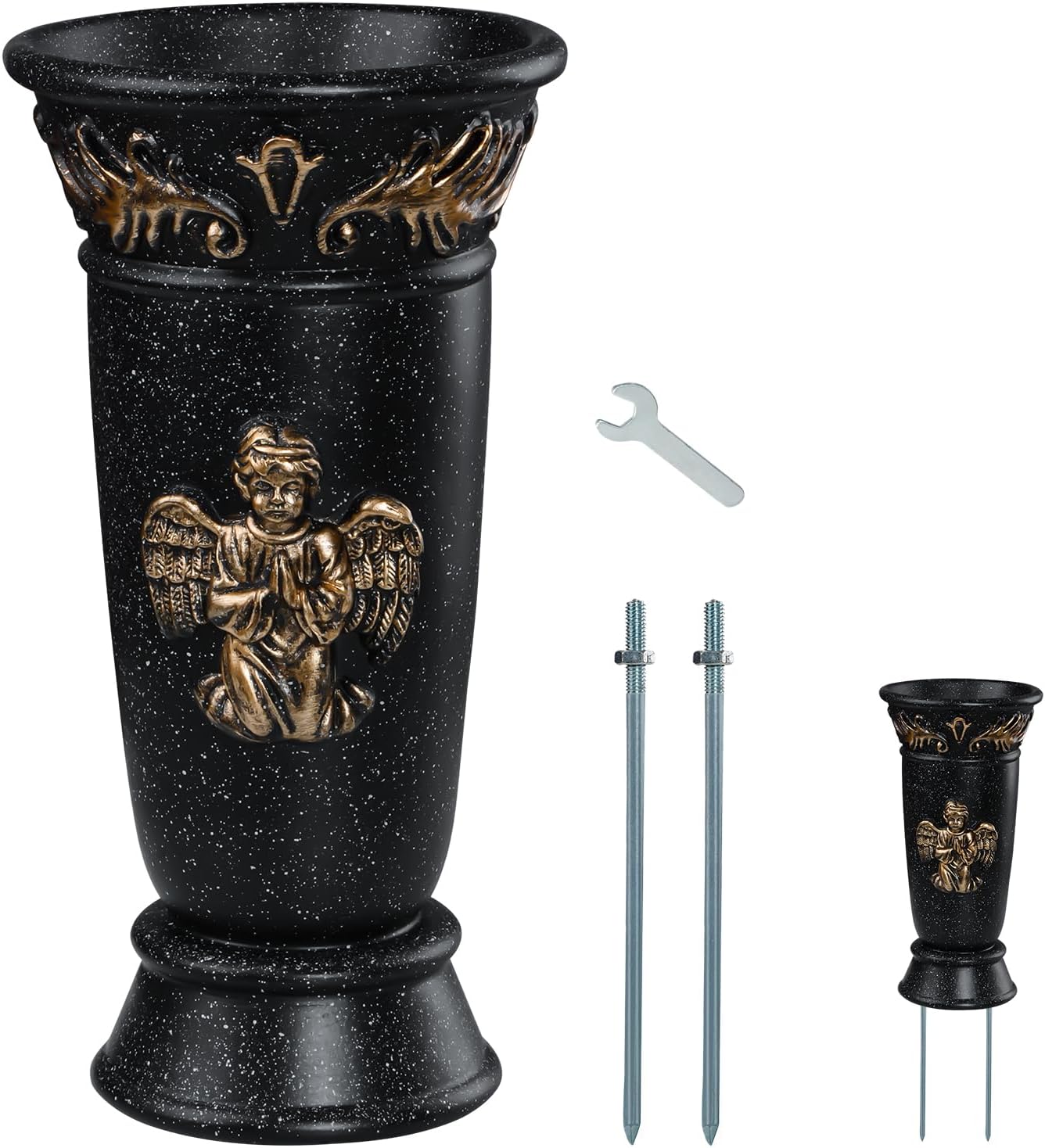 Memorial Cemetery Vase, 1 Pcs Black Angel Resin Flower Vases with Spikes and Draining Holes for Gravesite, Headstone Flowers, Cemetery Flowers, Memorial Grave Decorations