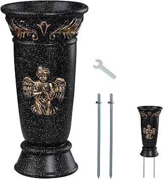 Memorial Cemetery Vase, 1 Pcs Black Angel Resin Flower Vases with Spikes and Draining Holes for Gravesite, Headstone Flowers, Cemetery Flowers, Memorial Grave Decorations