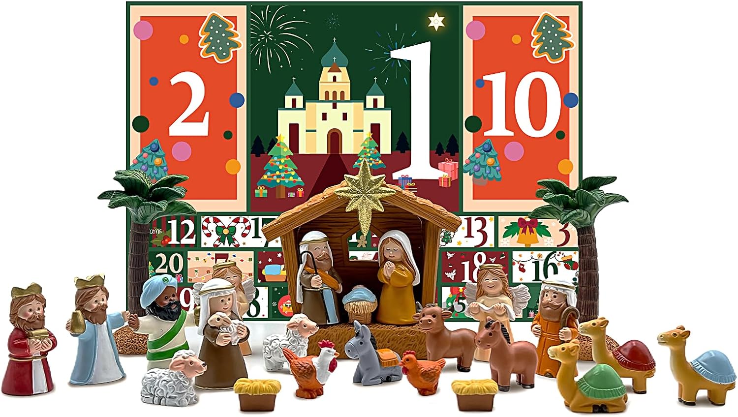 Advent Calendar 2025, Nativity Set for Kids Christmas Countdown Calendars with 25 Surprises Tabletop Scene Figurine Décor with Lighted Xmas Gift for Boys and Girls