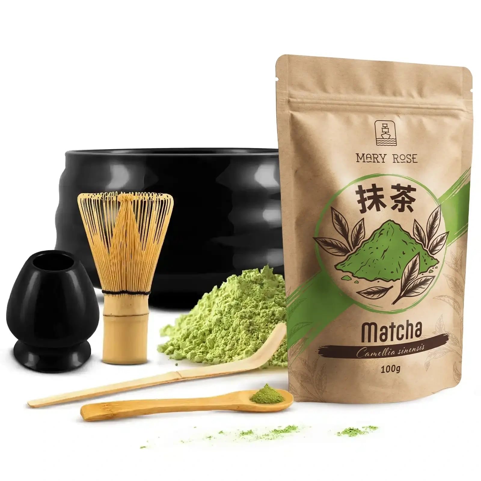 Mary Rose Matcha Set con Accessori | Mary Rose Matcha Tè Verde 100g | Matchawan | Kusenaoshi | Accessori in Bambù Chasen Chashaku