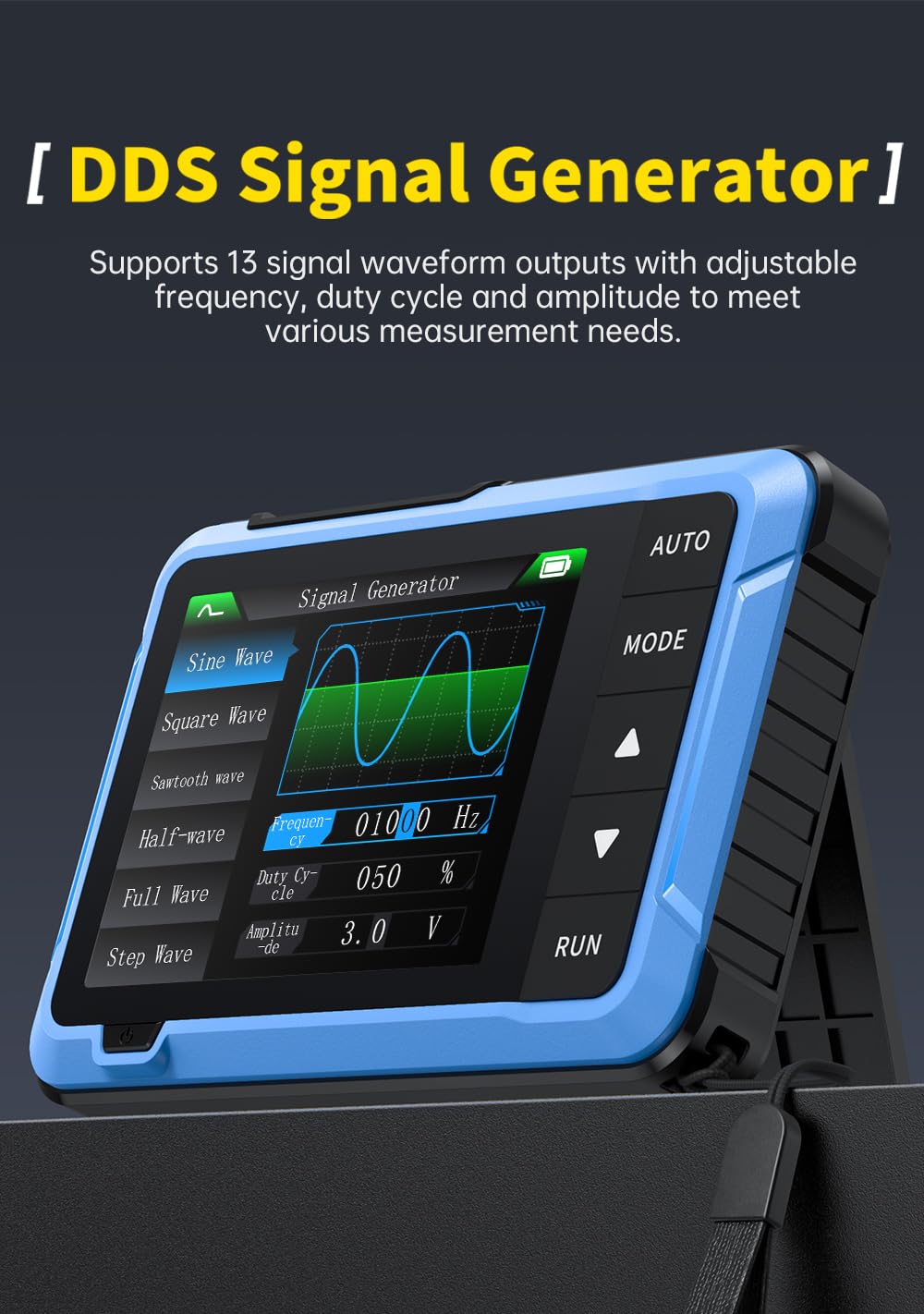 FNRSI DSO-510 displaying the DDS Signal Generator interface with waveform selection and parameter adjustments.
