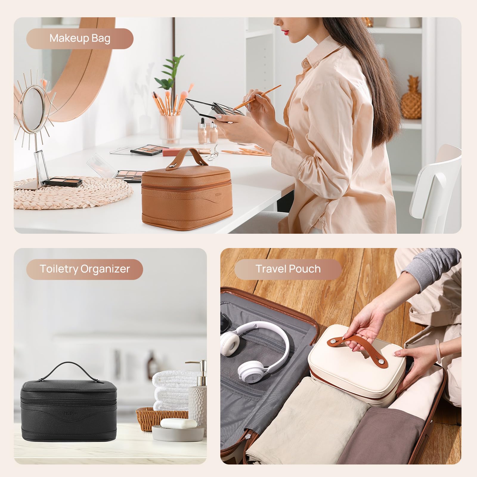 Telena Large Vegan Leather Makeup Bag and Travel Toiletry Organizer