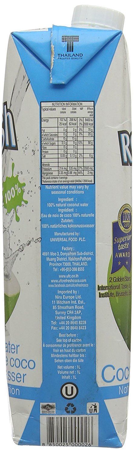 UFC Reines Kokoswasser 100% Pure Kokosnusswasser Thailand 1 Litre Packung (Packung mit 4 Stücken)
