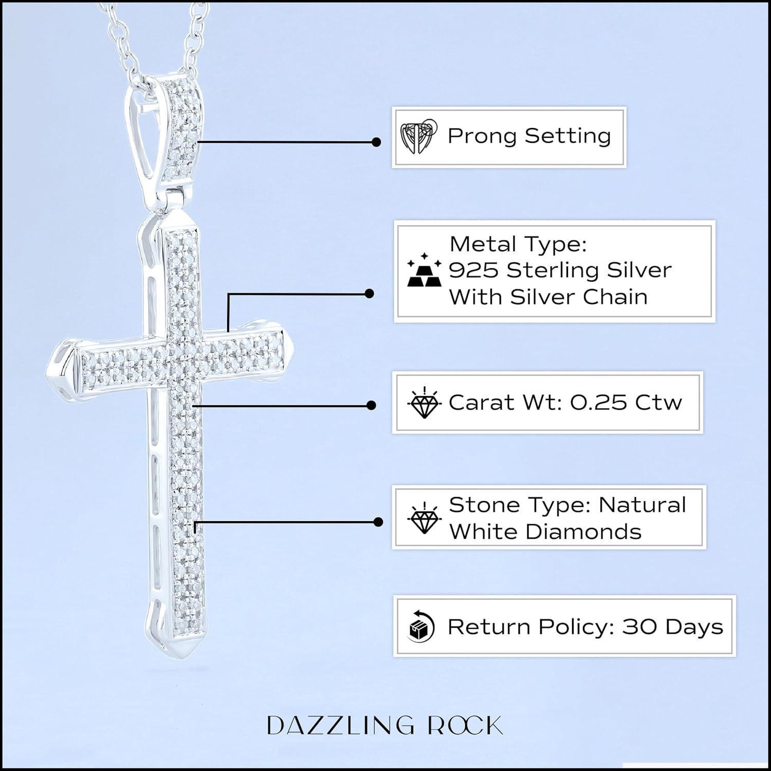 Dazzlingrock Collection 0.25 Ctw Round Natural Diamond Classic Faith Charm Cross Unisex Pendant with 18 inch Chain in 925 Sterling Silver