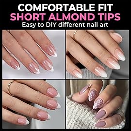 UNA GELLA Short Almond Fake Nails 216pcs Pre-shape Gel Acrylic Nail Tips for Full Cover Nail Extension Home DIY Nail Salon 12 Sizes Gelly Tips