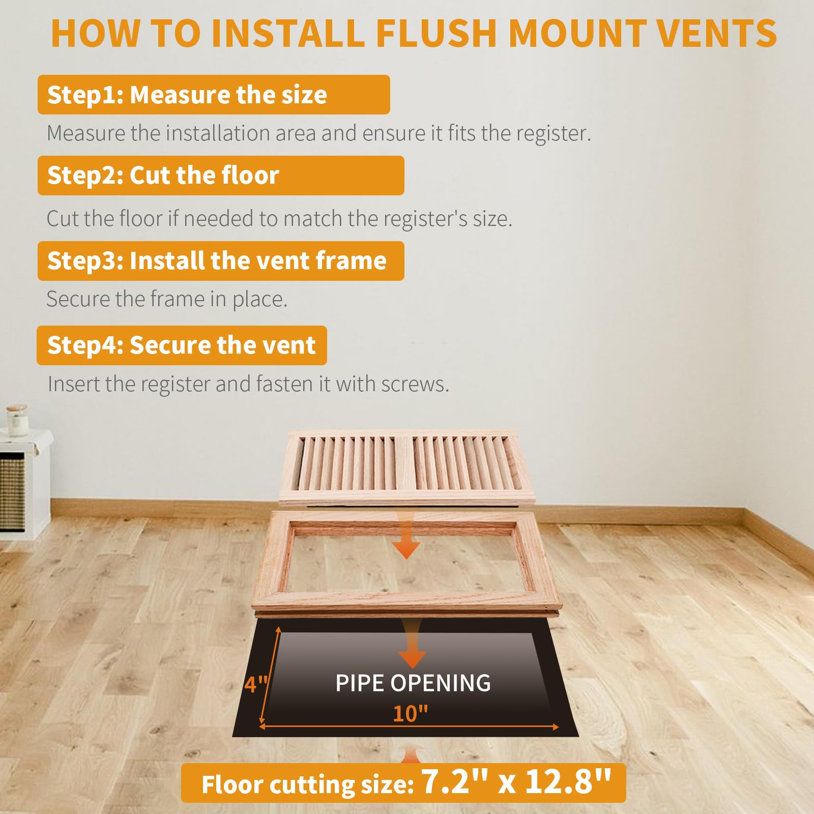 Cubierta de ventilación de roble blanco para piso de casa, ventilación de montaje empotrado con amortiguador de metal, fácil ajuste de flujo de aire, 4 x 10 pulgadas, sin terminar.