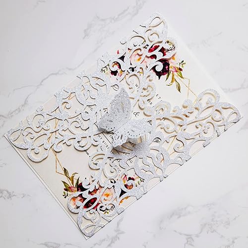 Miniatura 3 de 20 tarjetas de invitación de boda de mariposa cortadas con láser plateadas de 5 x 7.3 pulgadas con sobres para quinceañera, despedida de soltera,