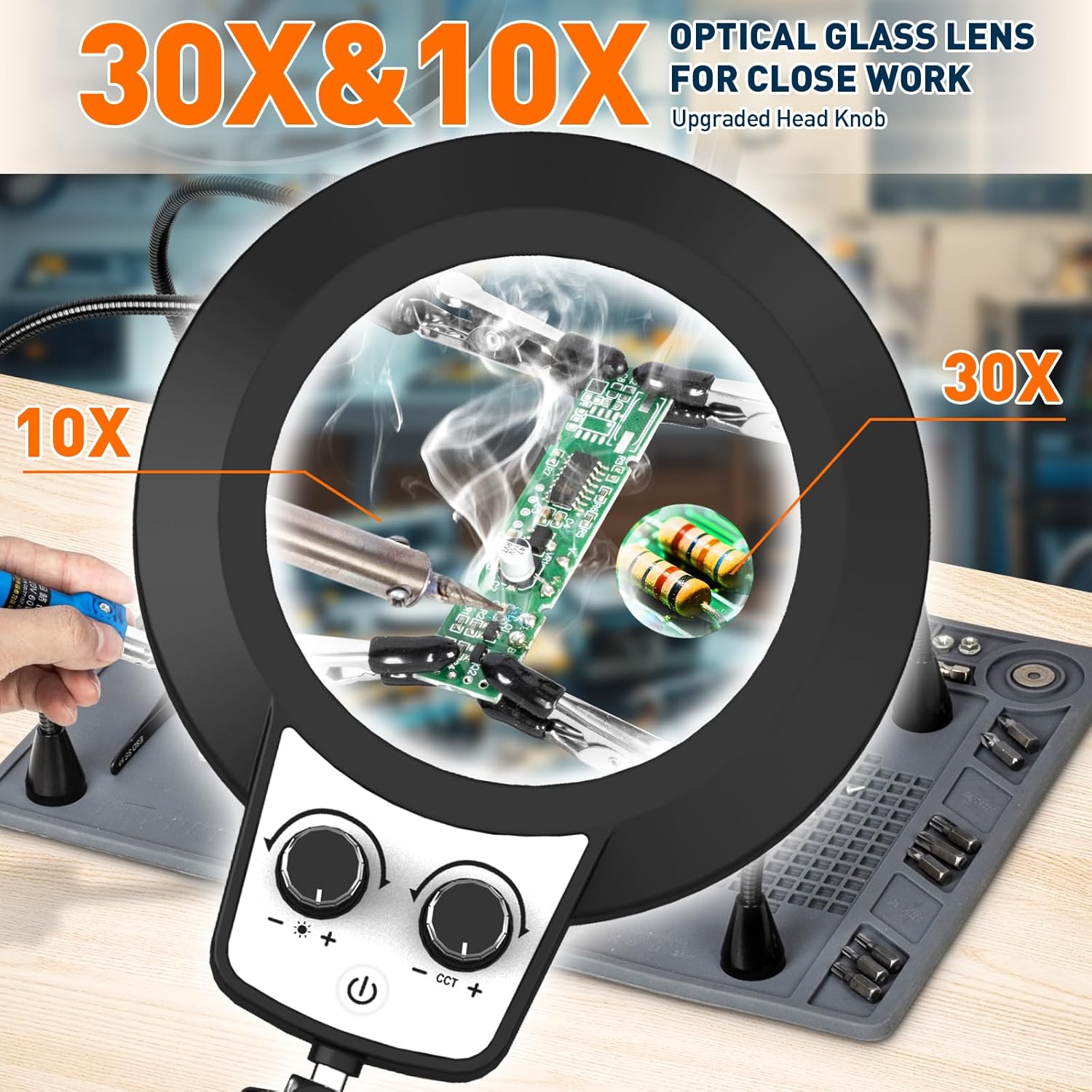 Silicone Mat Helping Hands Soldering Station, 30X/10X Magnifying Glass with Light for Electronic Repair Craft Hobby, 4 PCB Arms, Infinite Colors Stepless Dimming LED Magnifier Lamp with Stand