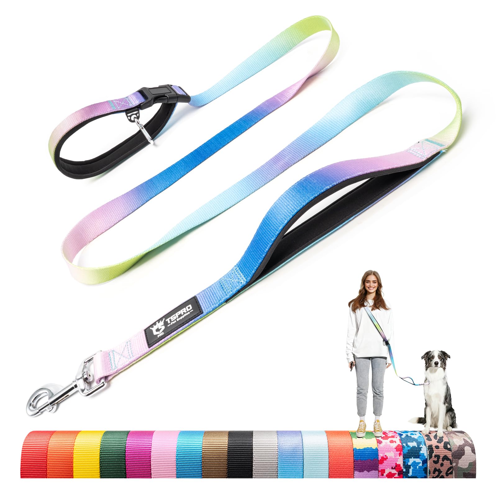 TSPRO Hands Free Dog Lead with Padded Handle & Safety Metal Buckle, Adjustable Durable Lead for Walking & Running, Medium to Large Dogs (Blue-Purple-Cyan Gradient)