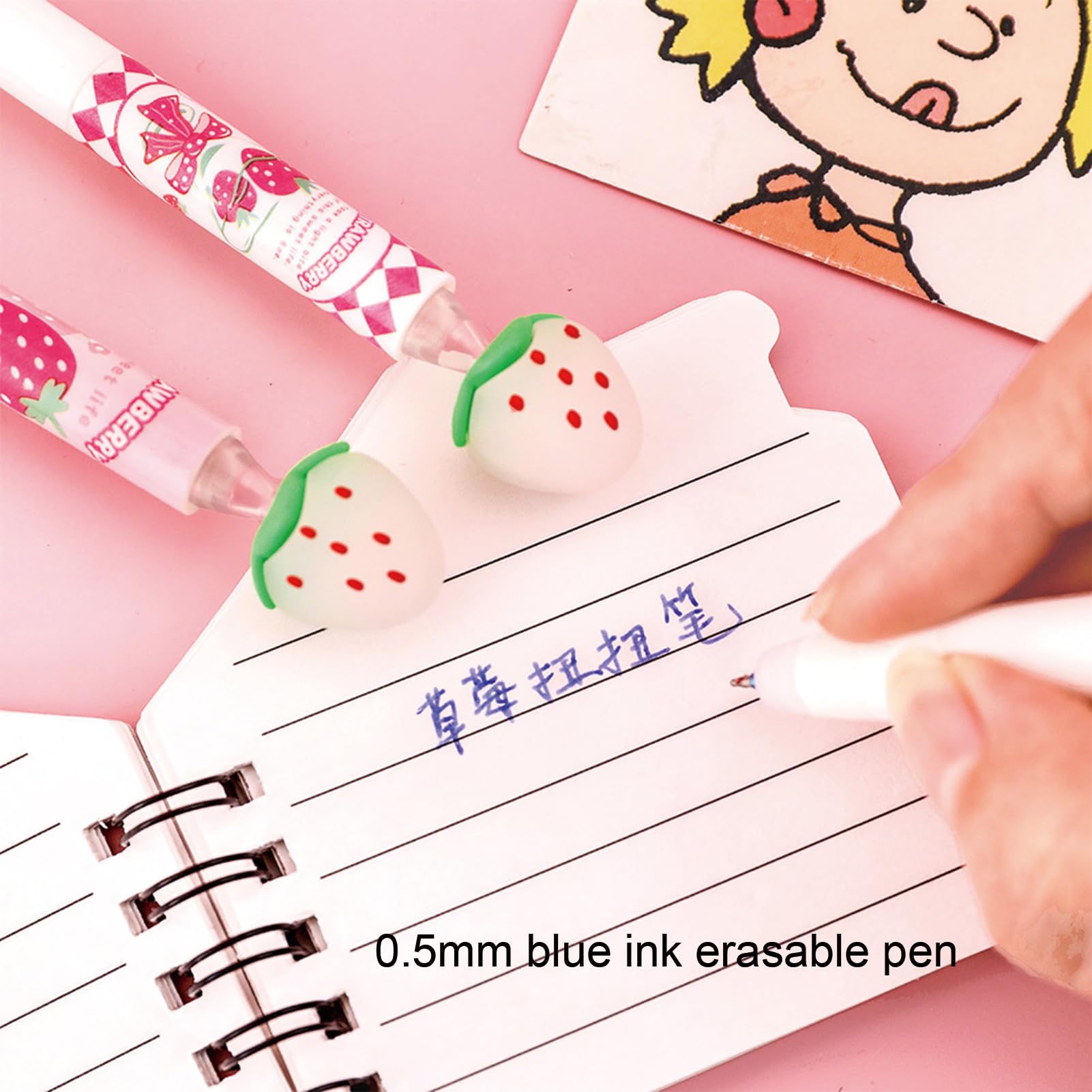 MOZXIRZ Lot de 4 stylos à encre gel effaçables et rotatifs pour femmes, filles, fournitures scolaires (encre bleu fraise) 0,5 mm