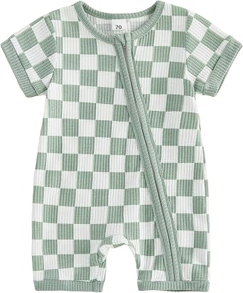 Karuedoo Newborn Infant Baby Boy Clothes Checkerboard Waffle Knit Zipper Short Sleeve Romper Jumpsuit One Piece Outfit