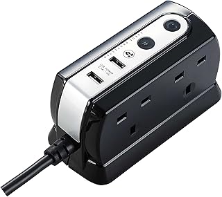 Masterplug Heavy Duty Four Socket Surge Protected Extension Lead with 2 USB Ports, 2 Metre, Black