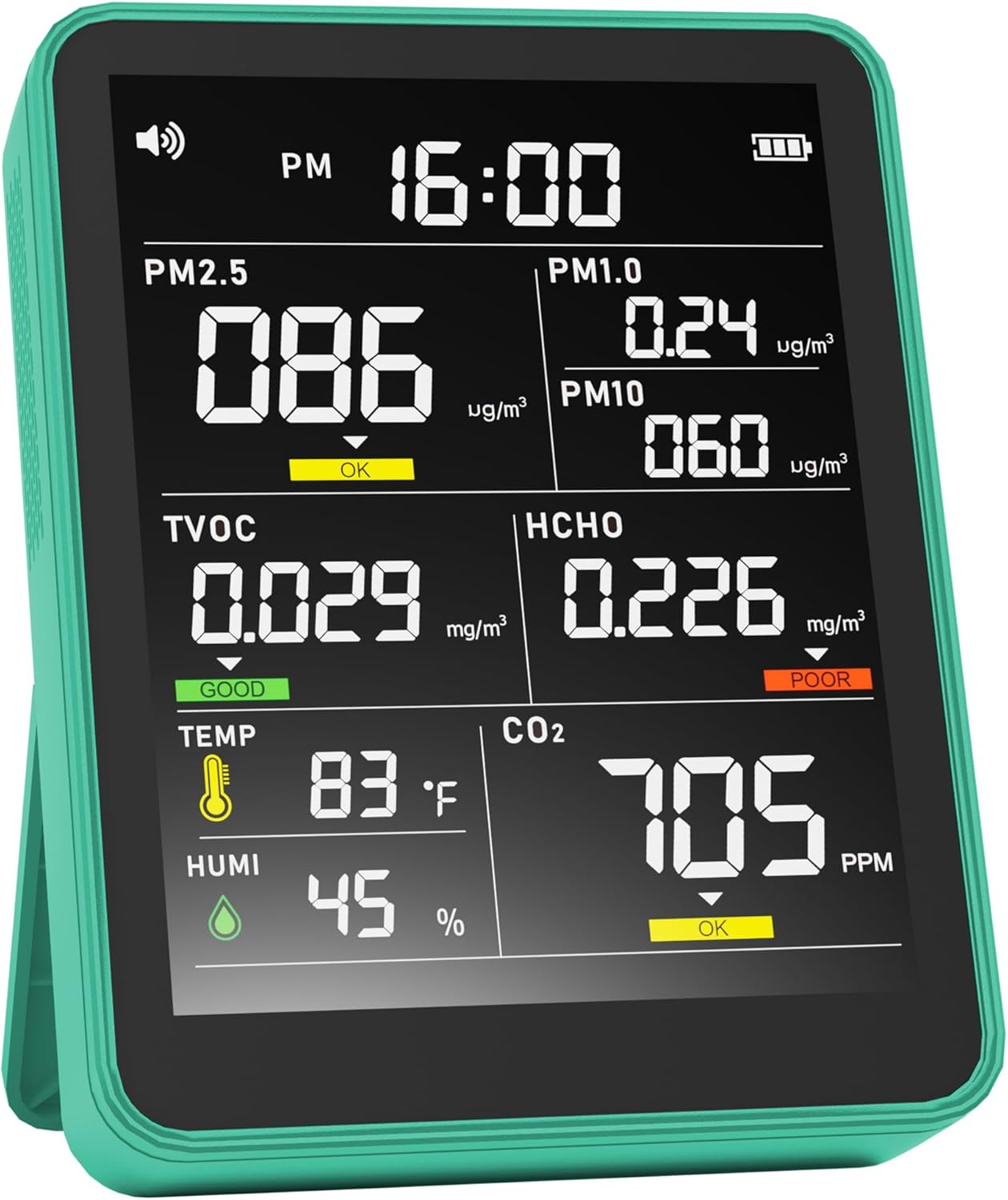 Air High quality Monitor Indoor,13-in-1 Good Air High quality Tester with PM 2.5, CO2, TVOC, HCHO, PM1, AQI, PM10, Temperature & Humidity, Actual Time Show, Battery Powered, for Dwelling & Workplace (Inexperienced)