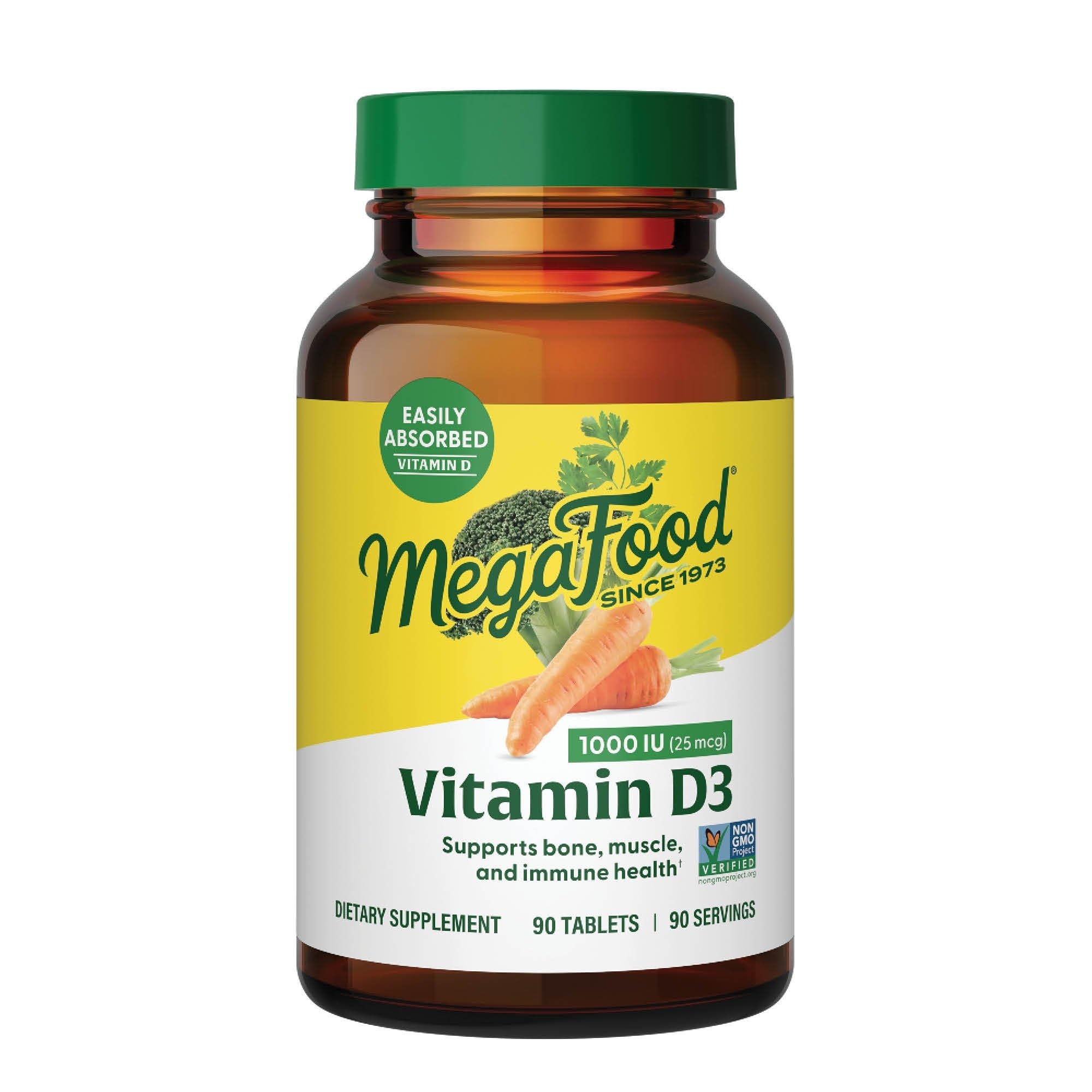 MegaFood Vitamin D3 1000 IU (25 mcg) - Immune Support Supplement - Bone Health - With easily-absorbed Vitamin D3 – Plus real food - Non-GMO, Vegetarian - Made Without 9 Food Allergens - 90 Tabs 90 Tablets