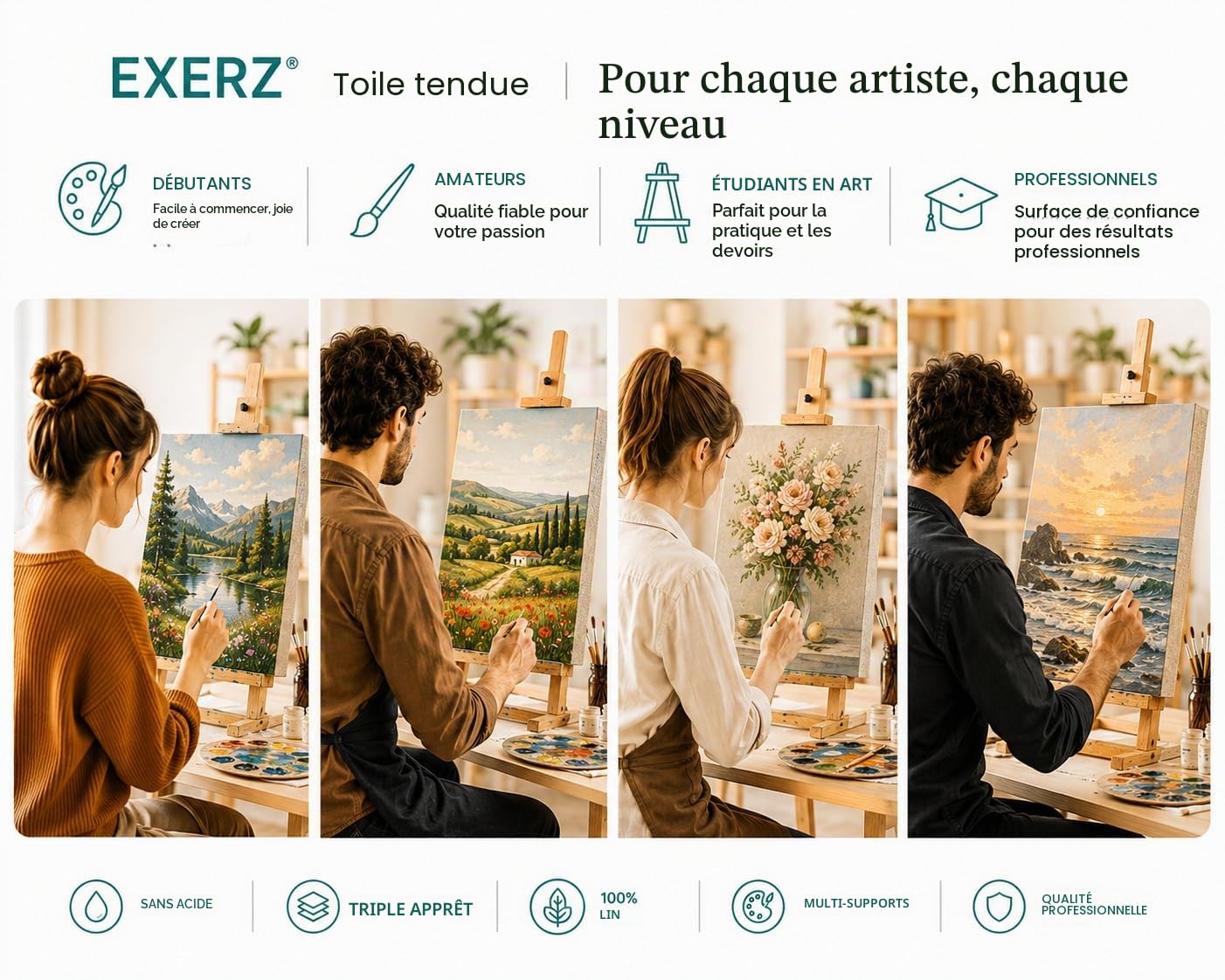 EXERZ 40x50cm Toiles Pré-étirées de Lin 4pcs - 320gsm, Triple apprêt, Sans Acide, Grain Moyen, Pur Lin Écru - Huile et Acrylique