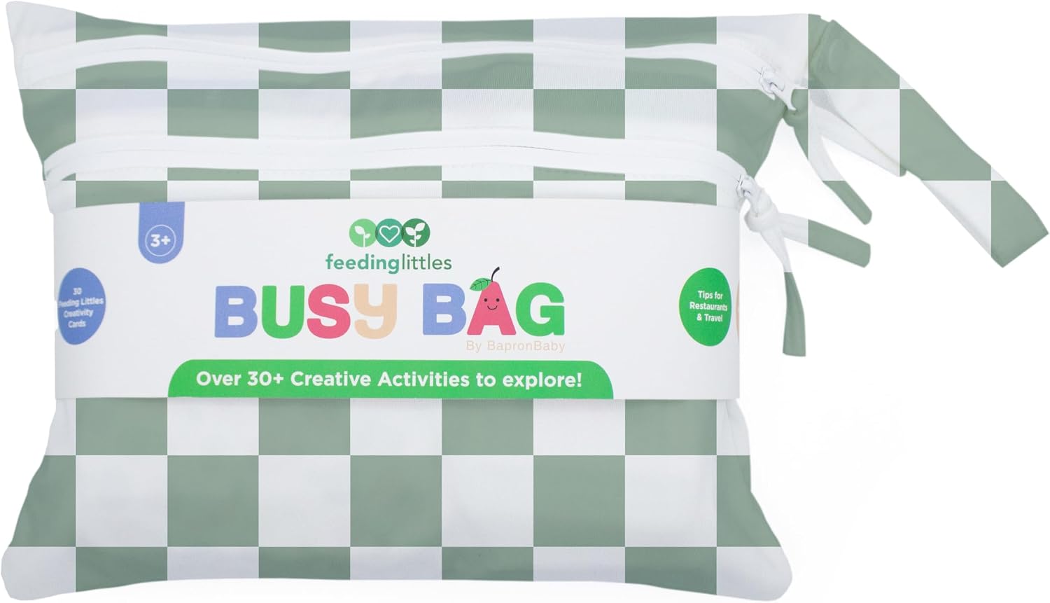 BapronBaby Feeding Littles Busy Bag (Sage Checkerboard) - Toddler Travel Activity Kit, Restaurant Activity Kit for Independent and Family-Wide Play, Age 3+