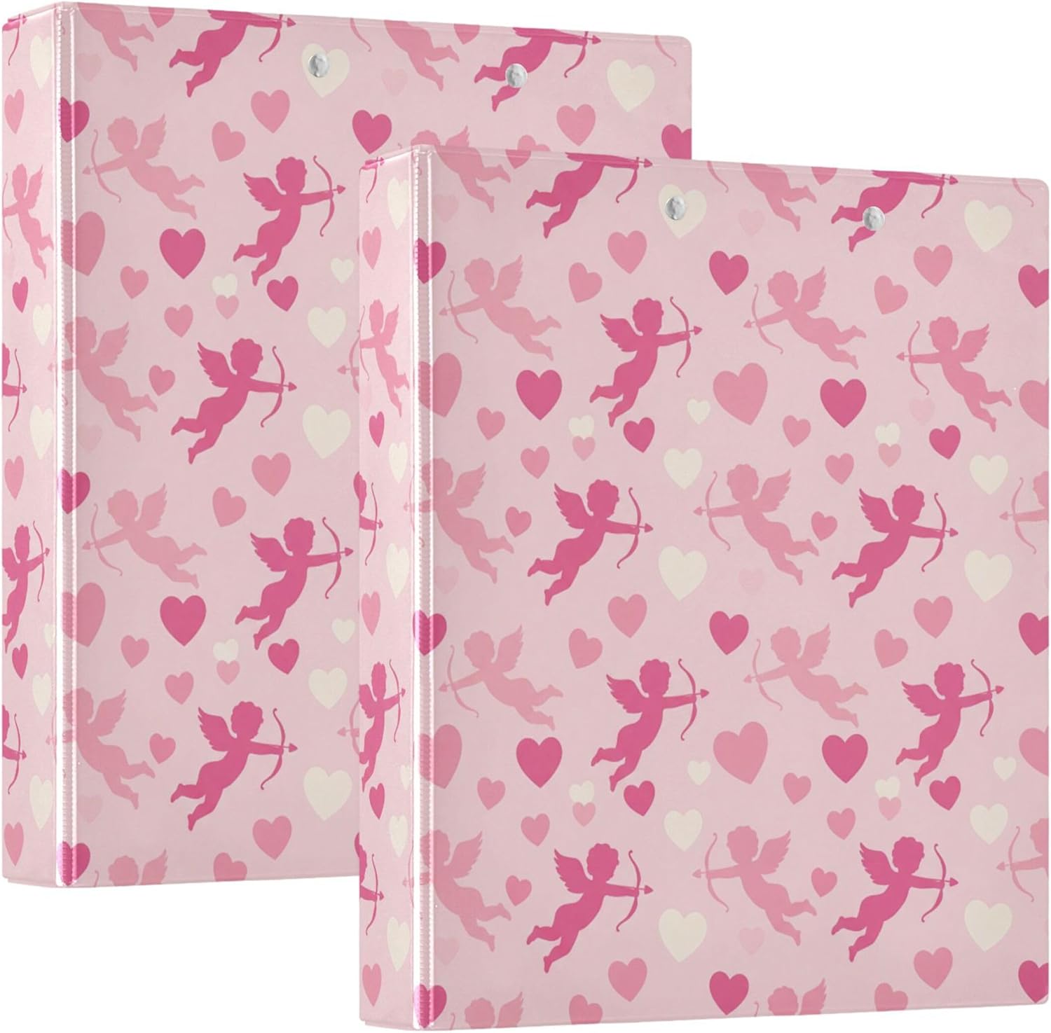 Valentine's Day Cupid Heart 3 Ring Binders, 1.5” Round Ring Binders with Clipboard - Letter Size, 3 Interior PVC Clear Pockets & Anti-Slip Clip for Office School Supplies, 2PCS