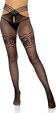 Leg Avenue womens Strappy Wrap Around Fishnet Crotchless Tights