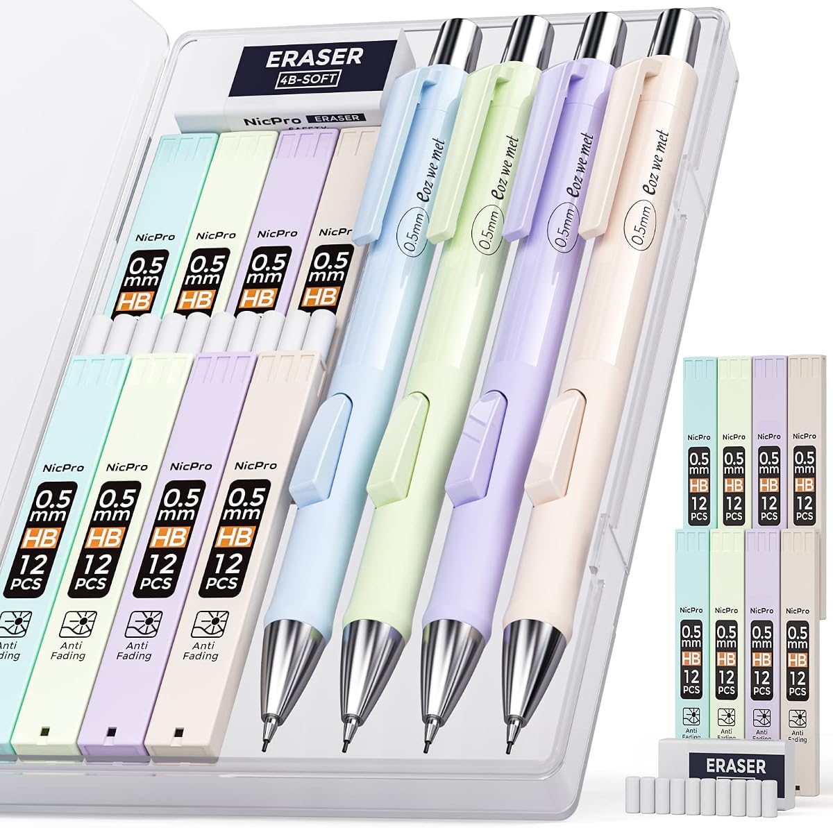 Nicpro 4 portaminas pastel de 0,5 mm, lindos lápices de clic rápido | 100 recambios de plomo HB, borradores y recambios de borrador, útiles escolares estéticos para escribir, dibujar, dibujar