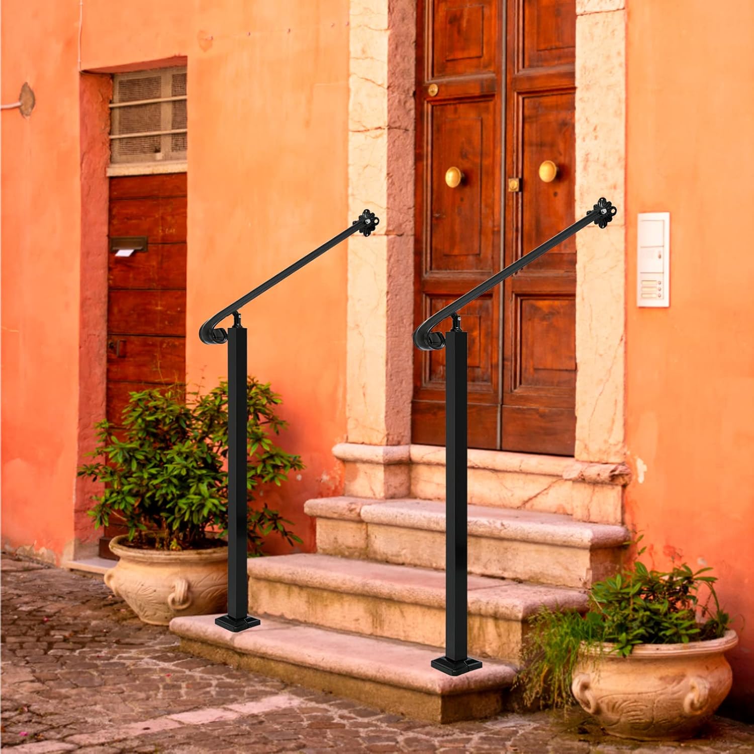 Heavy Duty Steel Handrail 1-2 Step, 31.5" W X 35" H Wall to Floor Mounted Wrought Iron Handrails, Adjustable Handrails for Outdoor Steps