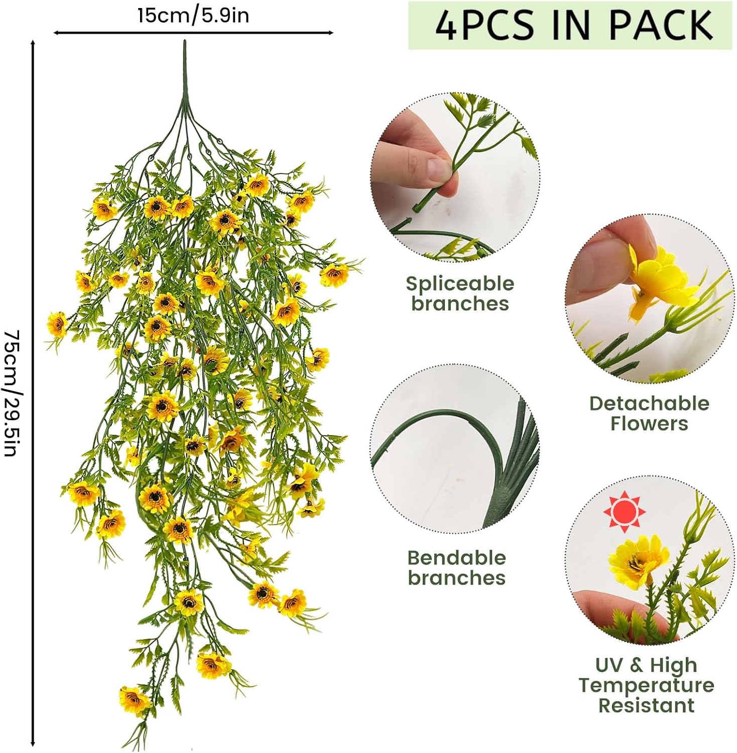 Daily Treasures Artificial Hanging Flowers Plants for Outdoor,4Pack Bright Yellow Outdoor Daisy,45 Heads Hanging Faux Flowers for Outside Home Indoor Planter Porch Garden Yard Spring and Summer Decor