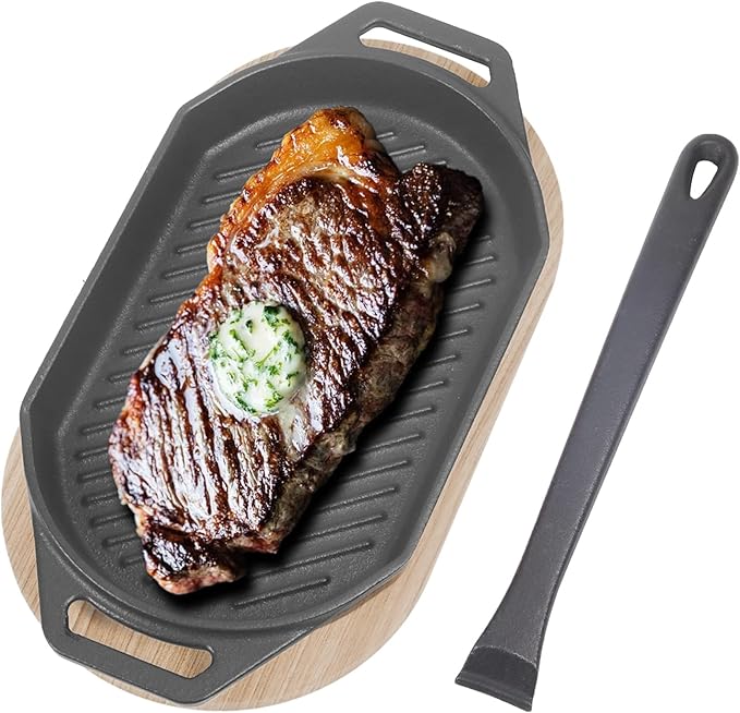 Sizzling Plate with Wooden Base for Pizza Oven and BBQ Accessories, Grizzler Pans for Outdoor BBQ Camping, 12 Inch Cast Iron Oval Pizza Pan with Removable Handle for Kitchen Stove Top, Gifts for Men