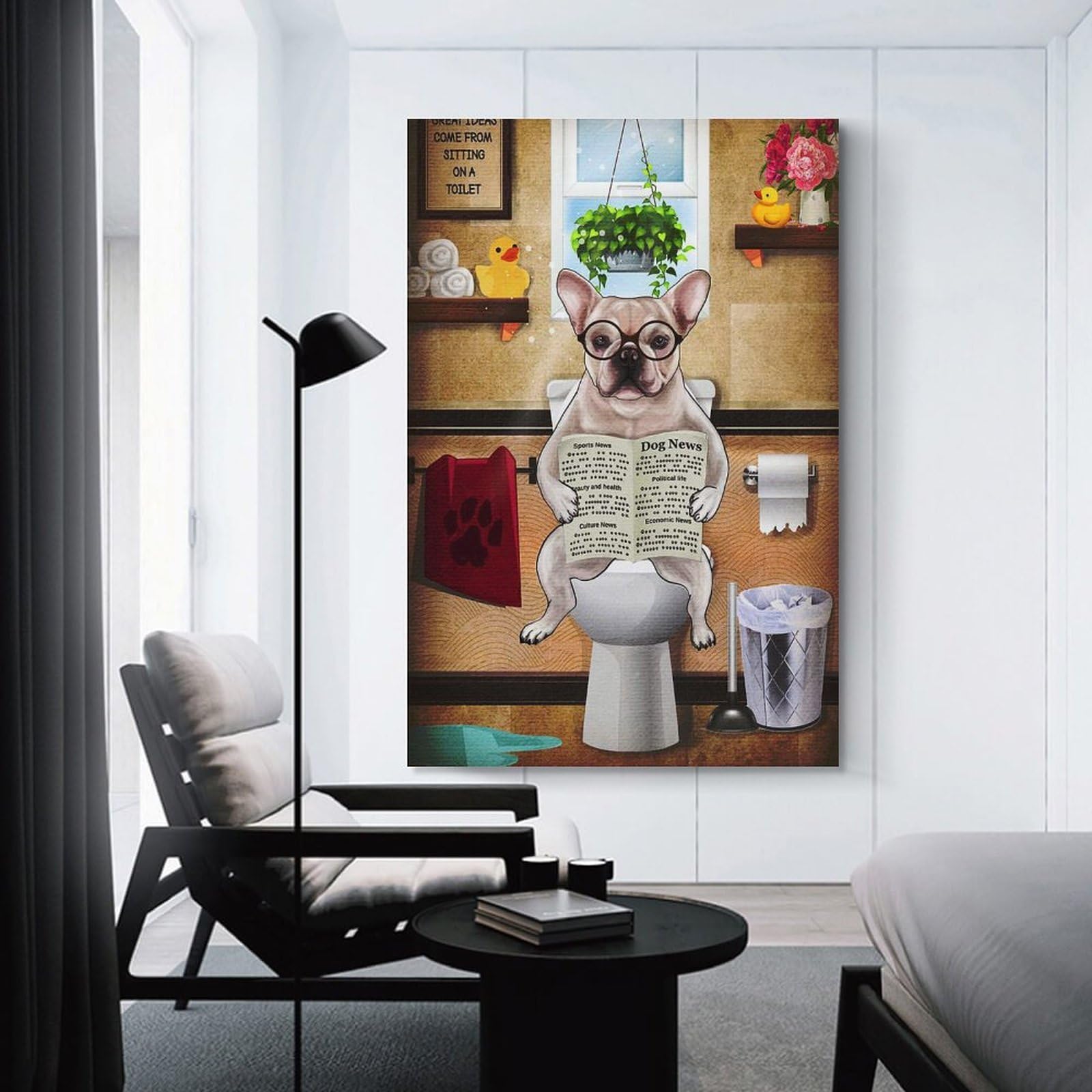 Junmoney Frenchie Flush Toilet Art Canvas Art Print 20x30inch(50x75cm), for Gallery Wall Layouts in Home Or Office, Decorative Artwork with Flexible Styling