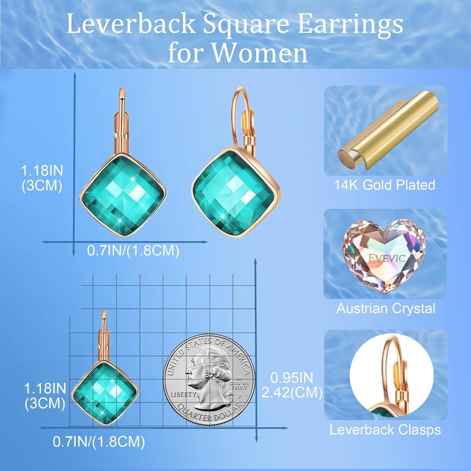 EVEVIC Austrian Crystal Square Dangle Drop Leverback Earrings for Women Fashion 14K Gold Plated Jewelry Gifts for Anniversary - Image 5