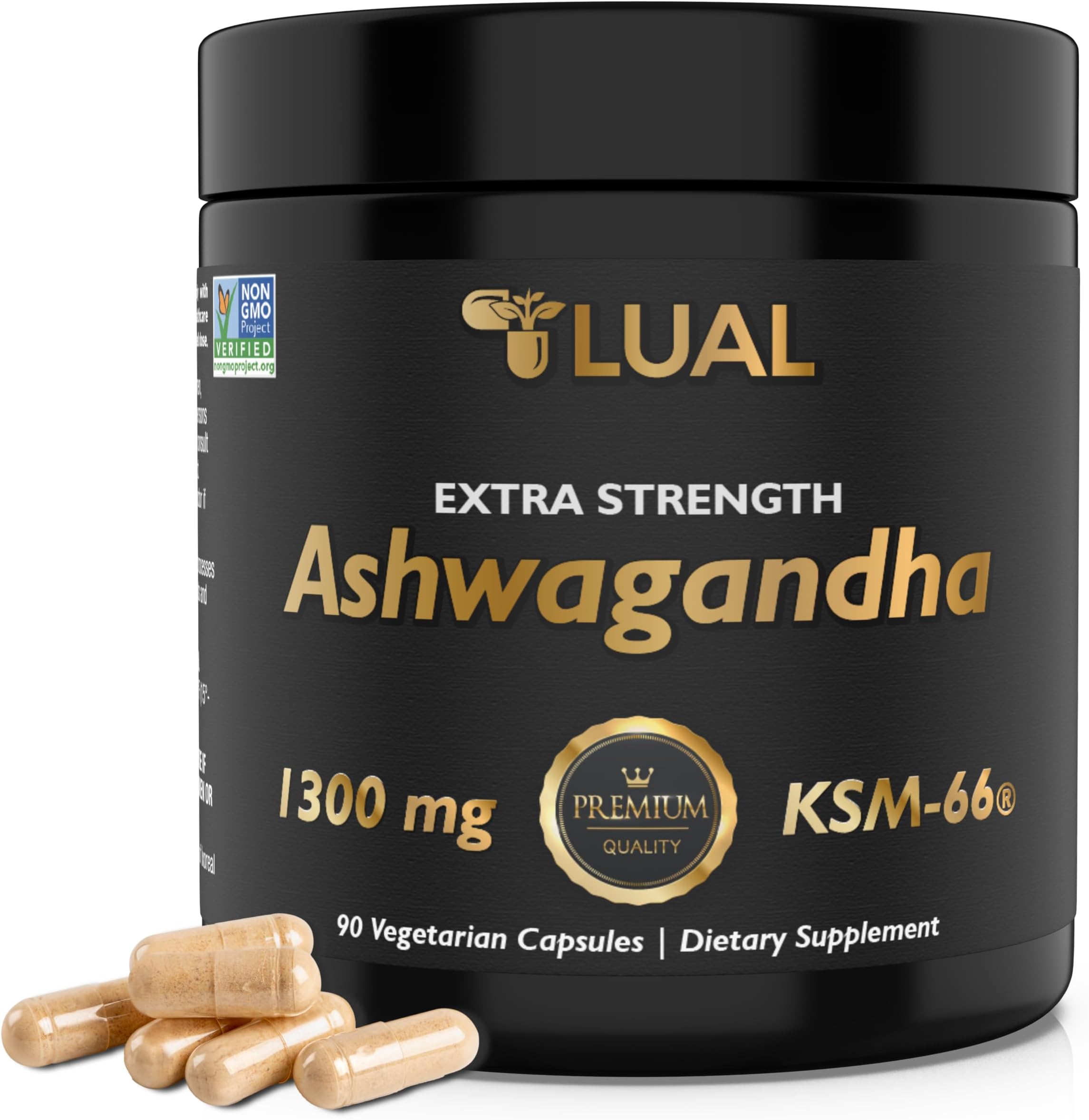 Ksm-66 Ashwagandha 1300 mg. Luall Extra Strength Ashwagandha - Natural Dietary Supplement, Organic Root Powder - Supports Muscle Recovery, Strength Gains, Sleep Quality - Capsules