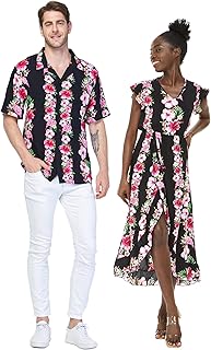 Matchable Couple Hawaiian Luau Shirt or Wrap Ruffle Dress in Pink Black Hibiscus Vine