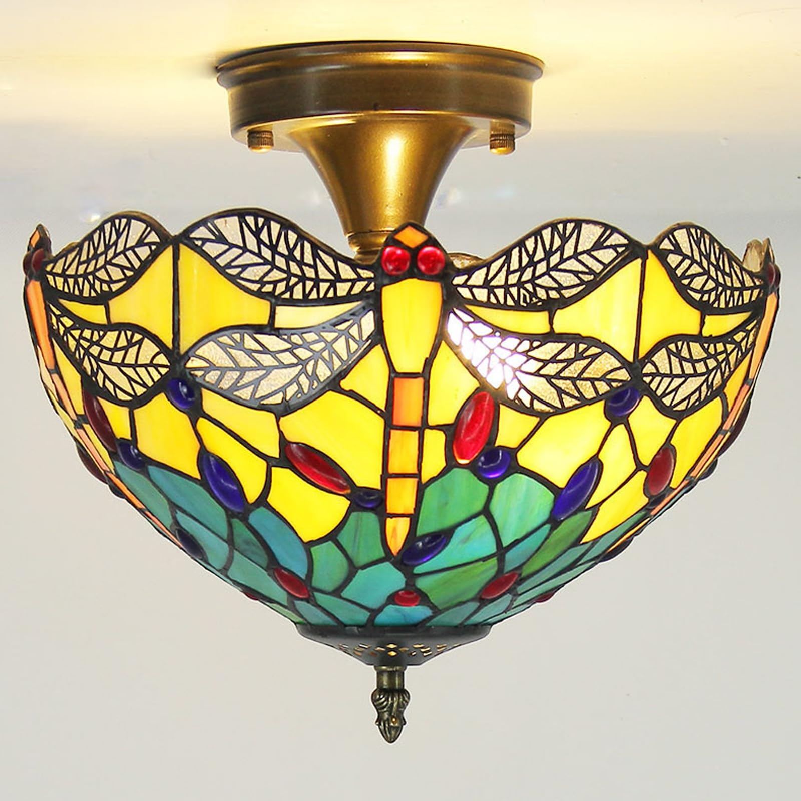 WDBZTJ Tiffany Style Ceiling Light Flush Mount, 12 inch Stained Glass Ceiling Lamp, E27 Bulb, Vintage LED Chandeliers for Living Room Bedroom(G1)
