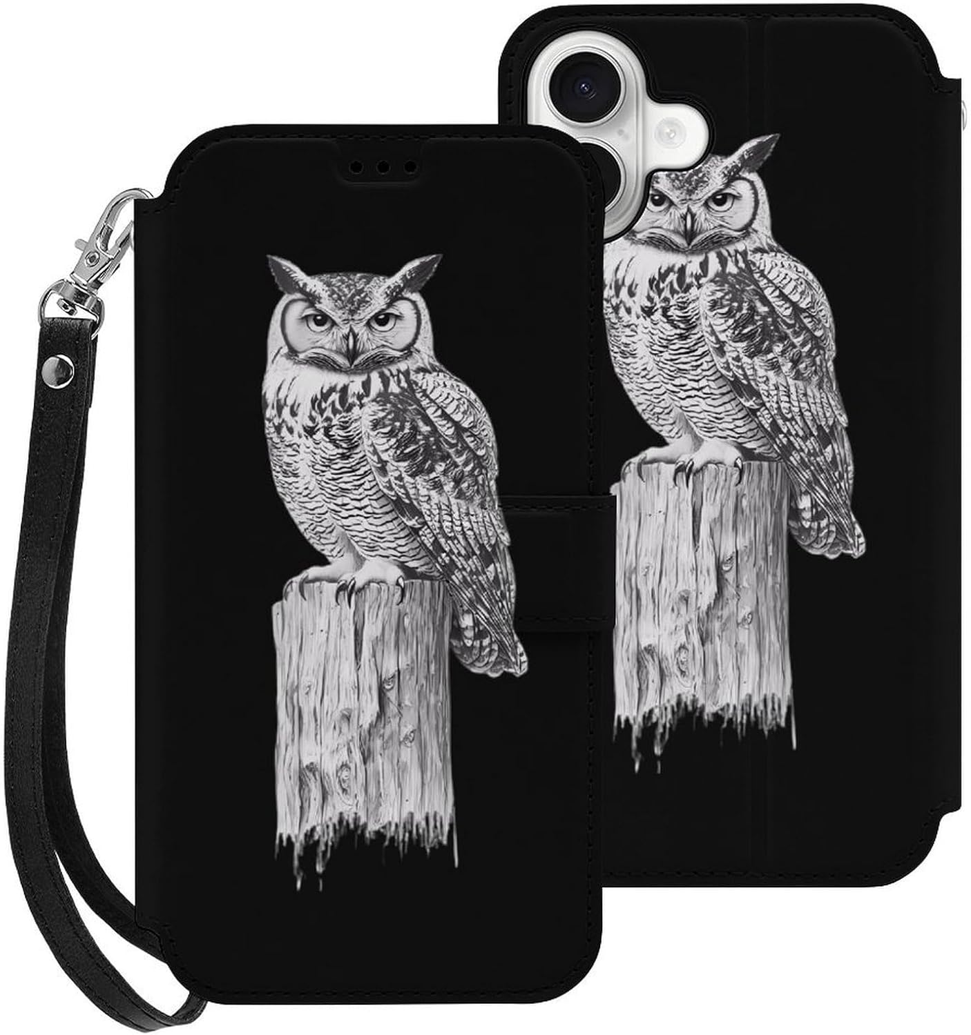 Hand-Drawn Owl Compatible with iPhone 16/16 Plus/16 Pro/16 Pro Max/16 E Case Phone Wallet Card Holder Flip Cover with Wrist Strap