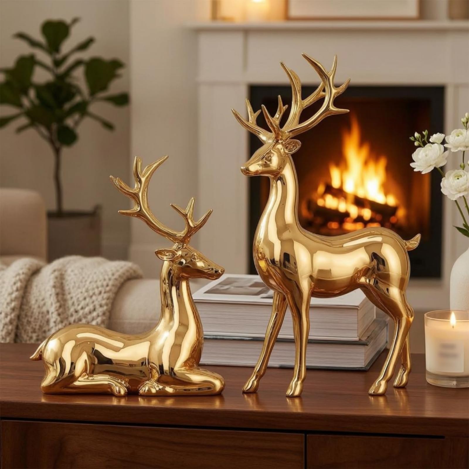 predolo Hirschornament aus Resin elektroplattierte Oberfläche Hirsch Dekofigur Wohndekoration Wohndeko für Wohnzimmer, Champagner