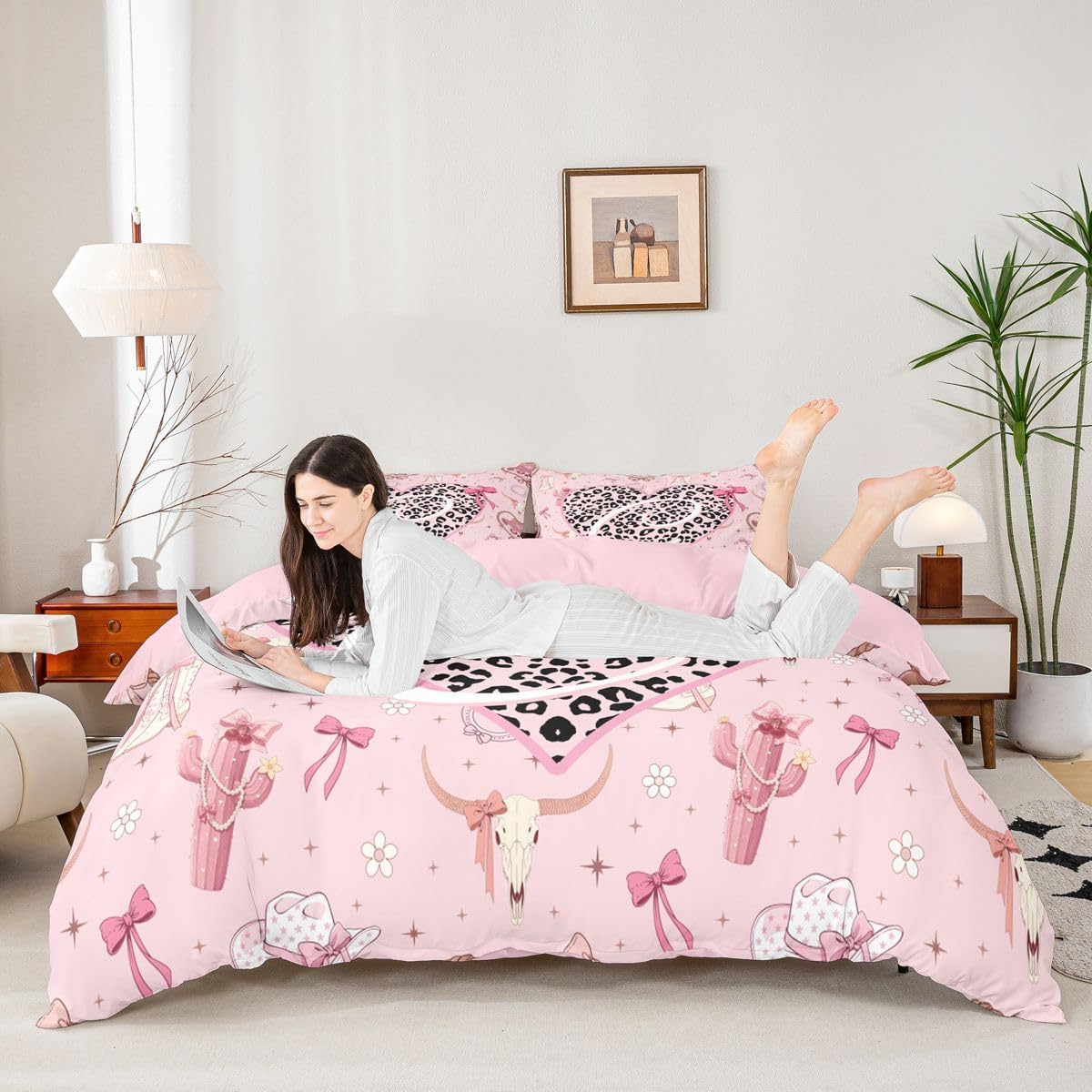 Western Skull Bedding Sets Twin Size,Pink Leopard Letter C Duvet Cover Set 2Pcs for Kids Girls Teens Room Decor,Skull Bow Cactus Floral Comforter Cover Vintage Trendy Quilt Cover,1 Pillowcase image 2
