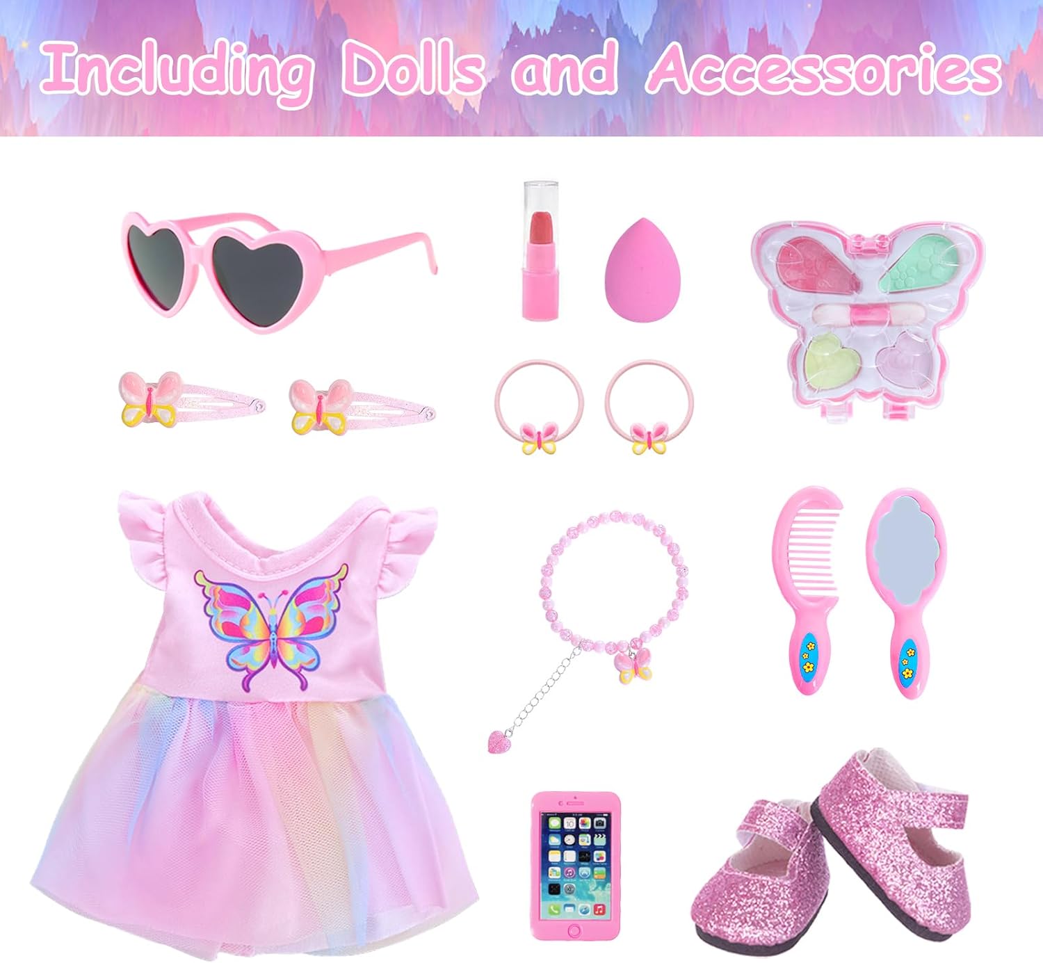 DONTNO 14.5 Inch Black Doll and Baby Doll Clothes and Accessories,Including Phone Sunglasses Shoes Makeup Accessories and Butterfly Theme Dress Best Gift for Girls Kids