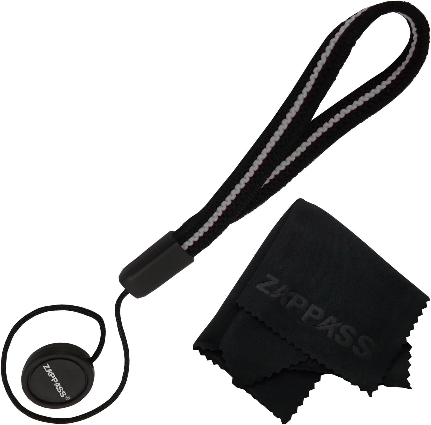 Lens Cap Keeper Holder White Line for Canon, Nikon, Sony and any other DSLR Camera + Zappass Microfiber Lens Cleaning Cloth