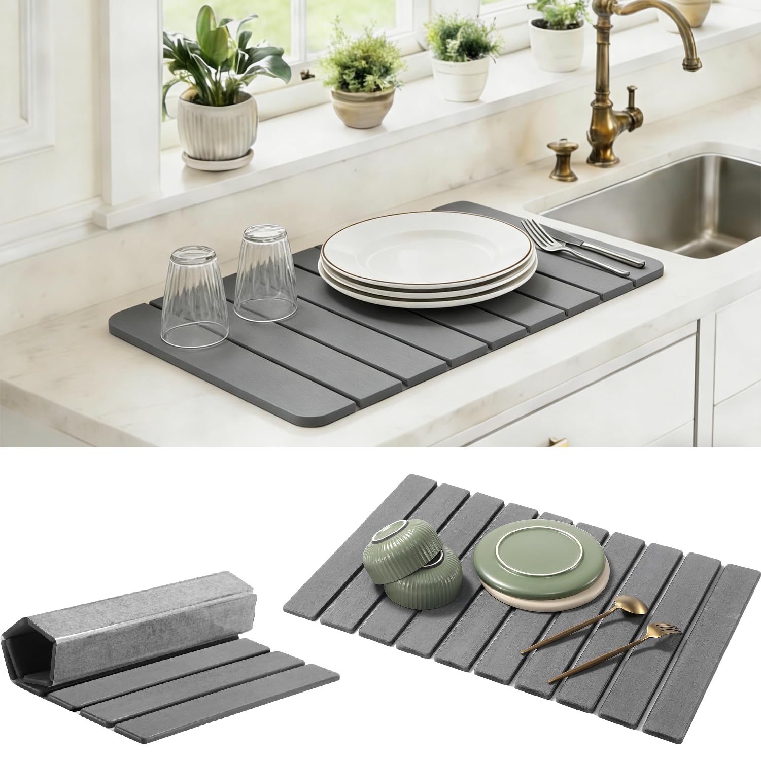 Tapis en pierre de diatomée pliable anti-dérapant pour éliminer l'eau stagnante