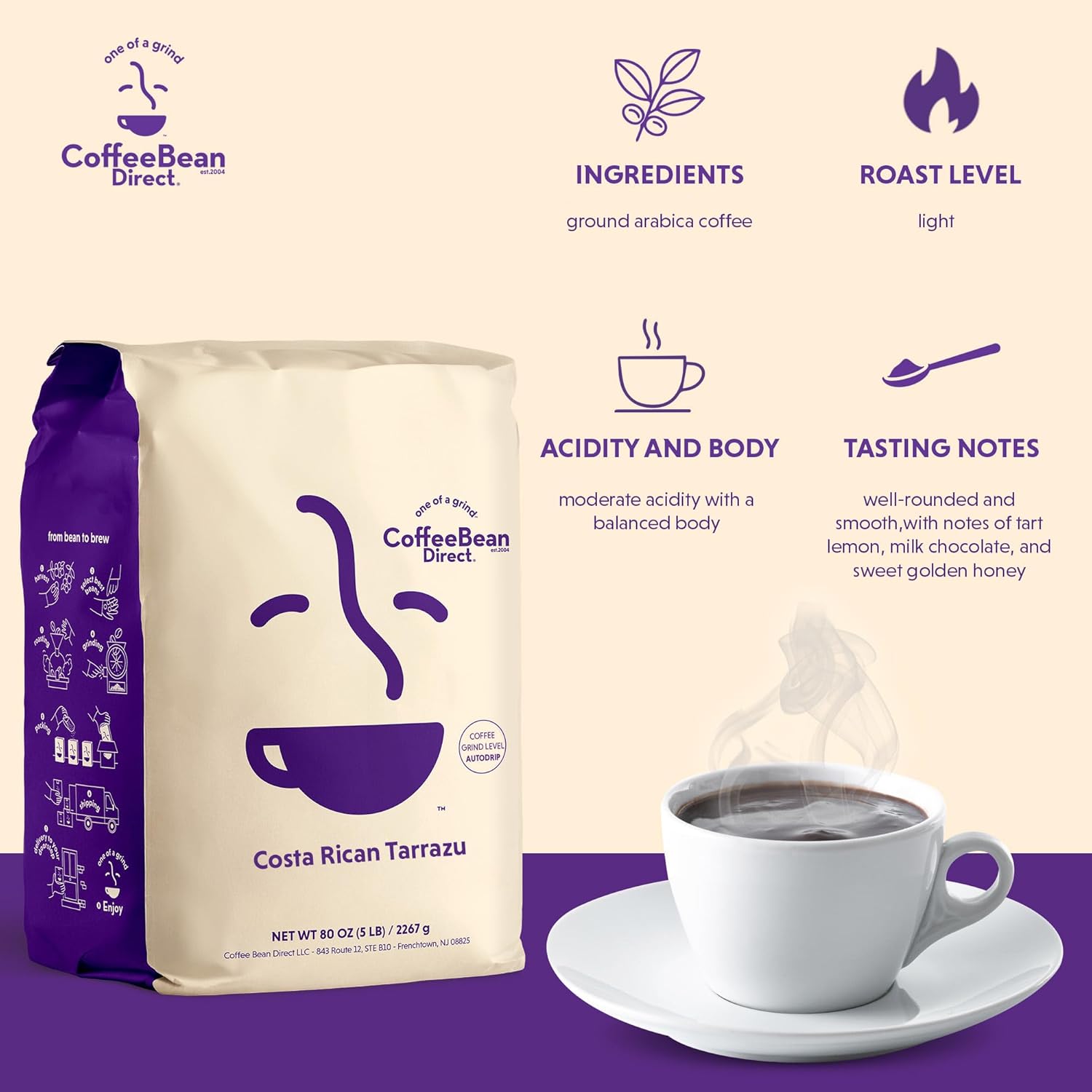 Coffee Bean Direct Costa Rican Tarrazu, Ground Coffee, Arabica Coffee, Light Roast, 5 Pound Bag (Pack of 1)
