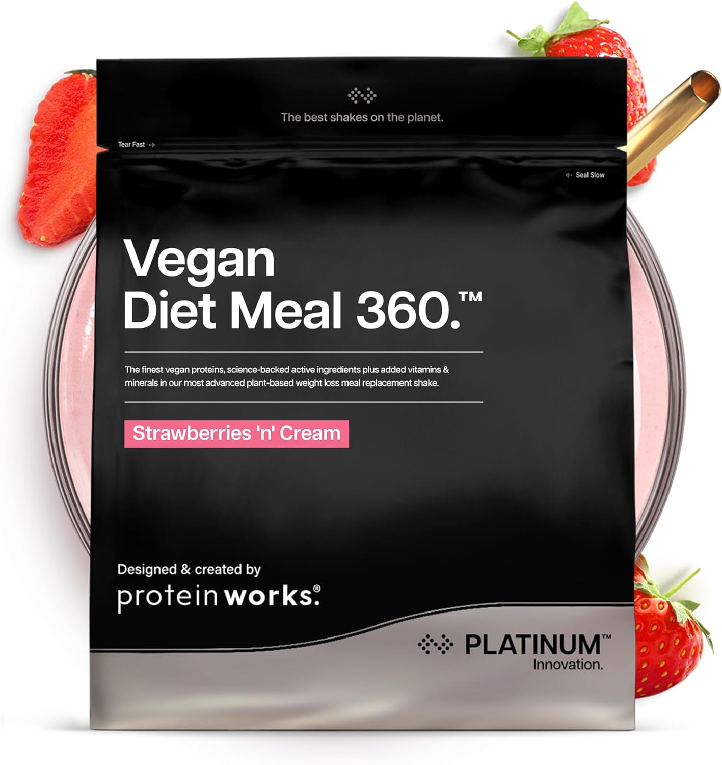Protein Works Vegan Diet Meal 360 - Platinum Innovation Vegan Protein Meal Replacement Shake Supports Healthy Weight Loss Vitamins Minerals & Green Tea Strawberry Cream 8 Meals 500 g