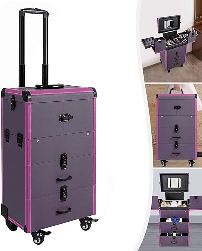 Miniatura 9 de LyeXD Estuche de tren de maquillaje rodante, organizador de cosméticos portátil con cerradura con 2 cajones y llaves, estuche grande de