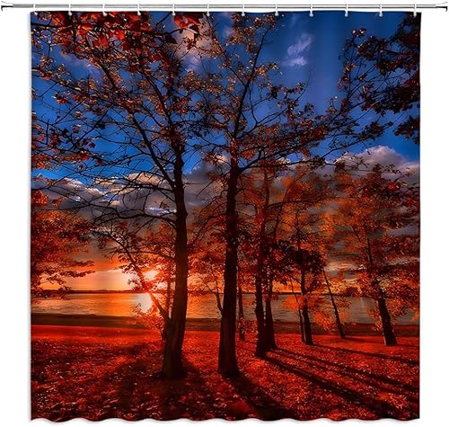 CHui DECOR Cortina de ducha de bosque otoñal, puesta de sol, árbol natural, boscoso, romántico, salvaje, temporada, paisaje encantado, cortina de
