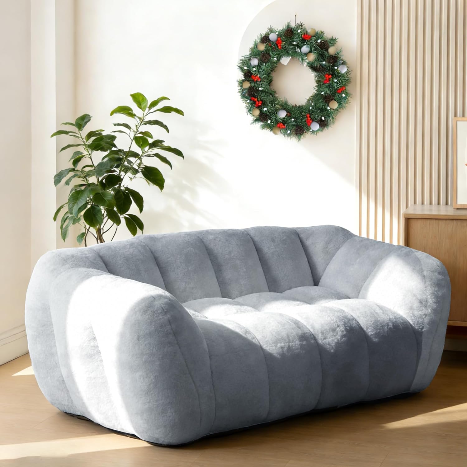 Oversized Bean Bag Couch for Adults, Faux Fur Bean Bag Loveseat Sofa for 2 People, Plush Foam Filled Bean Bag Sofa Chair for Bedroom Living Room Apartment, No Assembly Mini Couch for Gaming Grey