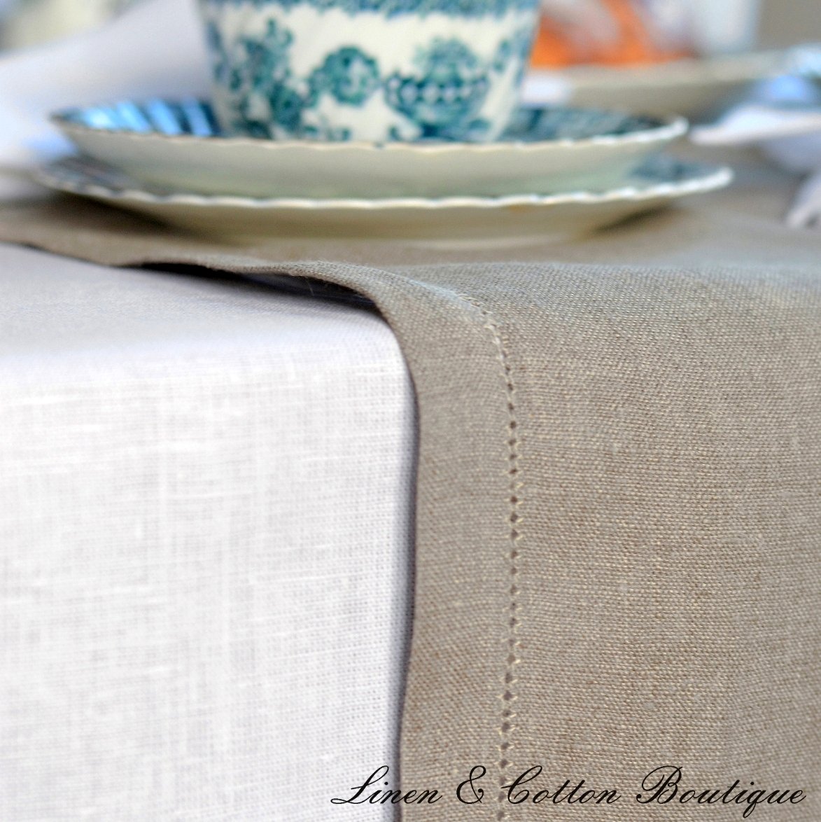 Linen & Cotton Runner Da Tavolo FLORENCE, 100% Lino - Beige/ Naturale (43 x 180cm)