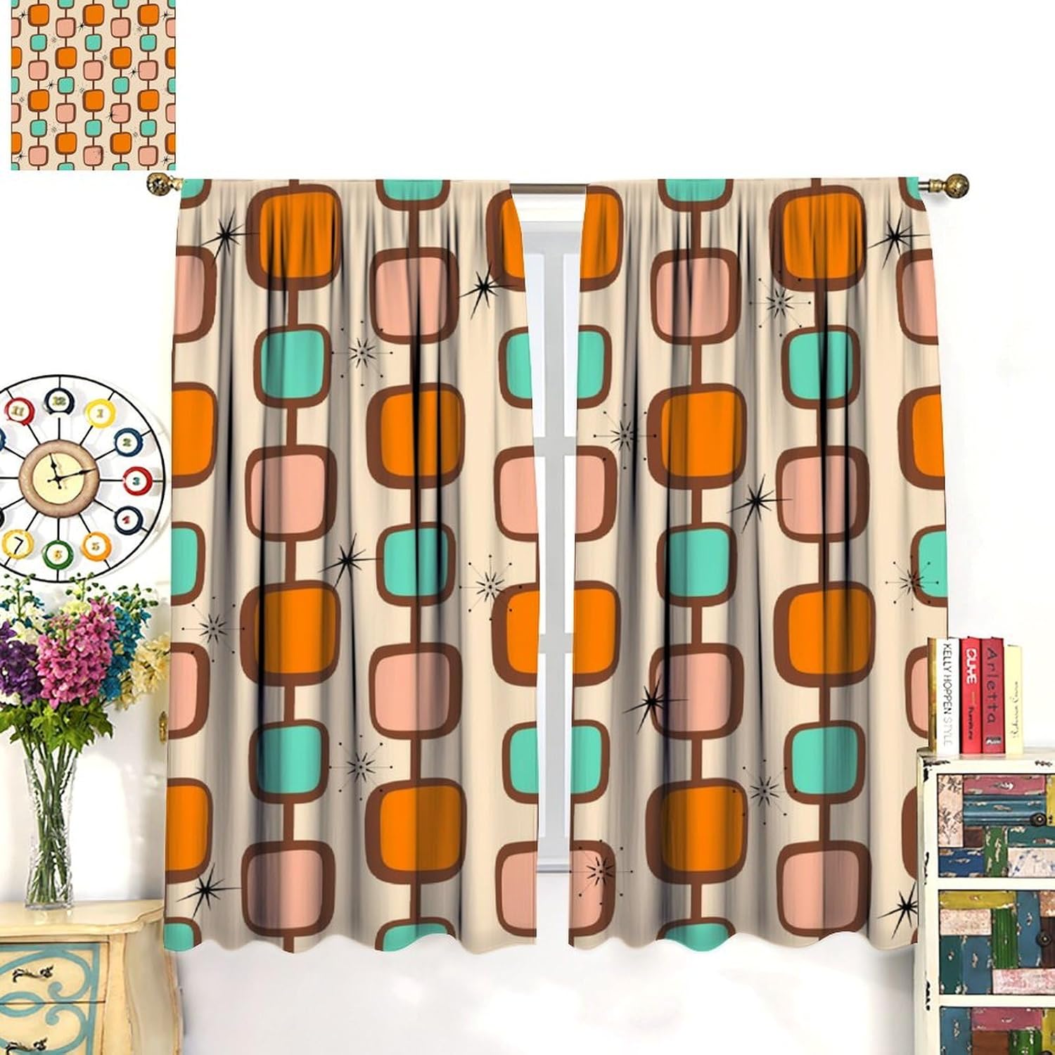 Mid Century Blackout Curtain Modern Geometric Diamond Atomic Starbursts Window Treatment for Kids Bedroom Kitchen Decor Window Drapes 42" W X 63" L